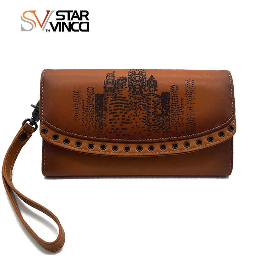 High Quality Retro Genuine Leather Wallet Unisex Long Handheld Sling Wallet Rivet Design Card Holder Bag