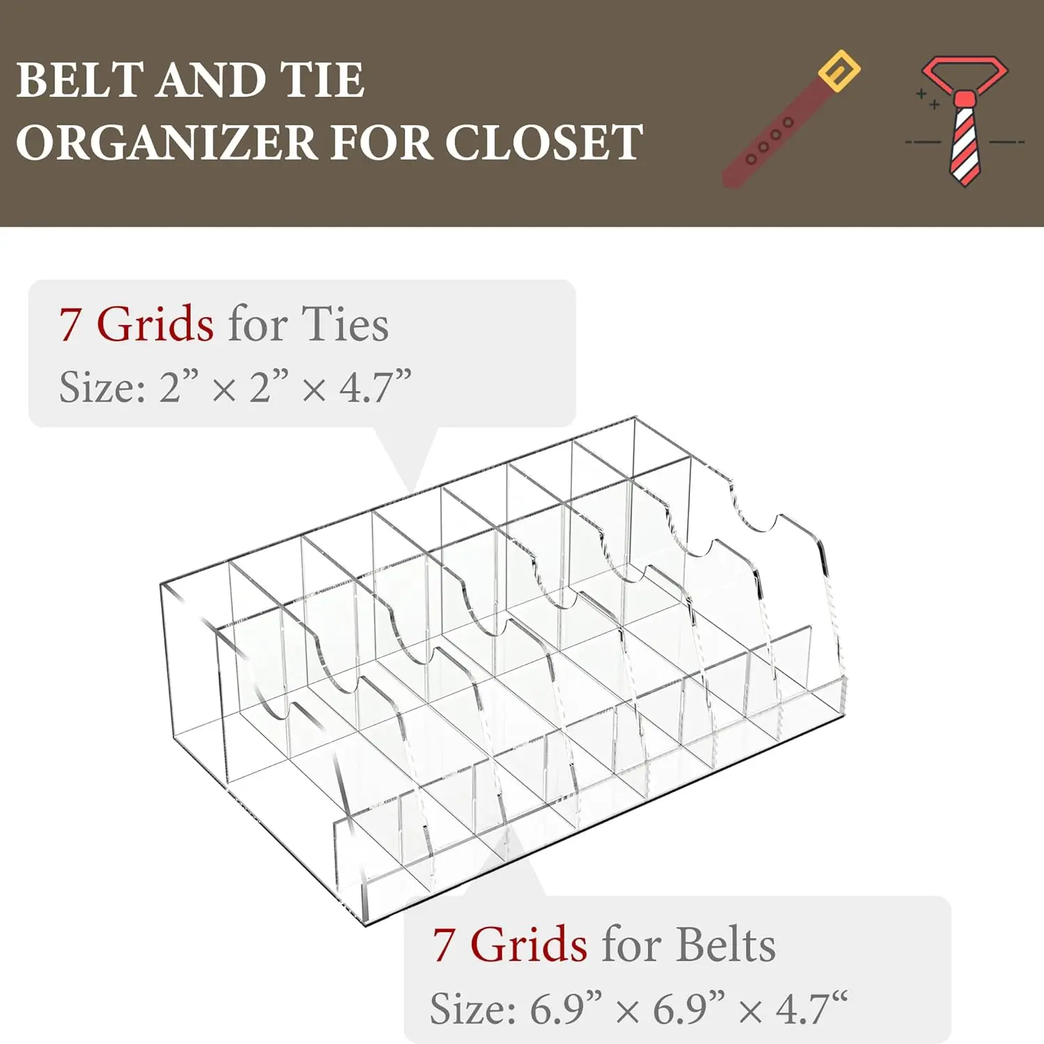 Large Acrylic Belt Organizer for Drawer 14 Compartment Neck Tie Box Storage Closet Tie Storage Holder