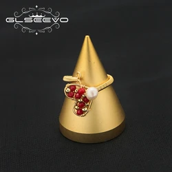 Natural Freshwater Pearl Love Adjustable Red Glass Ring   Wire Wrapped  Gifts for Girlfriend Couple Gold Plated Ring Jewelry