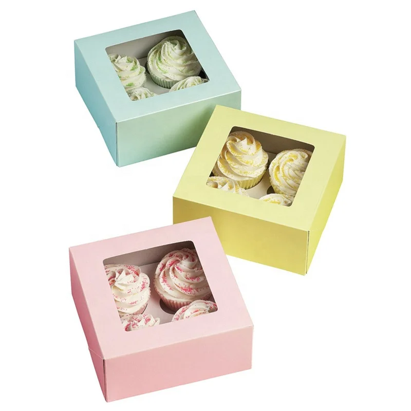 Nordic style color Custom logo printed PVC top window cardboard 4 panes cupcake boxes