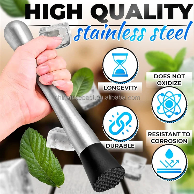 10 Inch Professional Stainless Steel Cocktail Muddler Bar Tool for Creating Mojito Fruit Drink Ice Crusher Stick