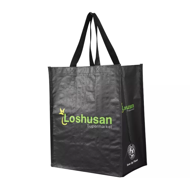 Black custom your own logo printed recyclable grocery packaging pp woven shopping bag tote