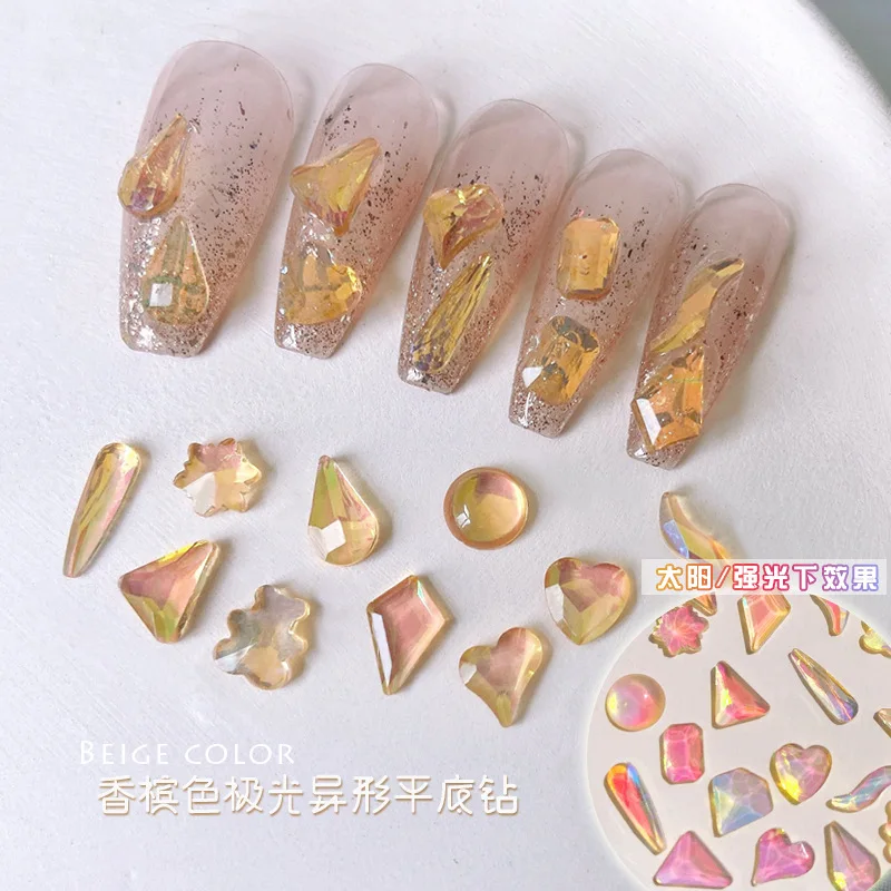 Wholesale 3d nail art crystal rhinestones 12 grid mixed ice transparent irregular shape flat bottom magic color shine DIY charms