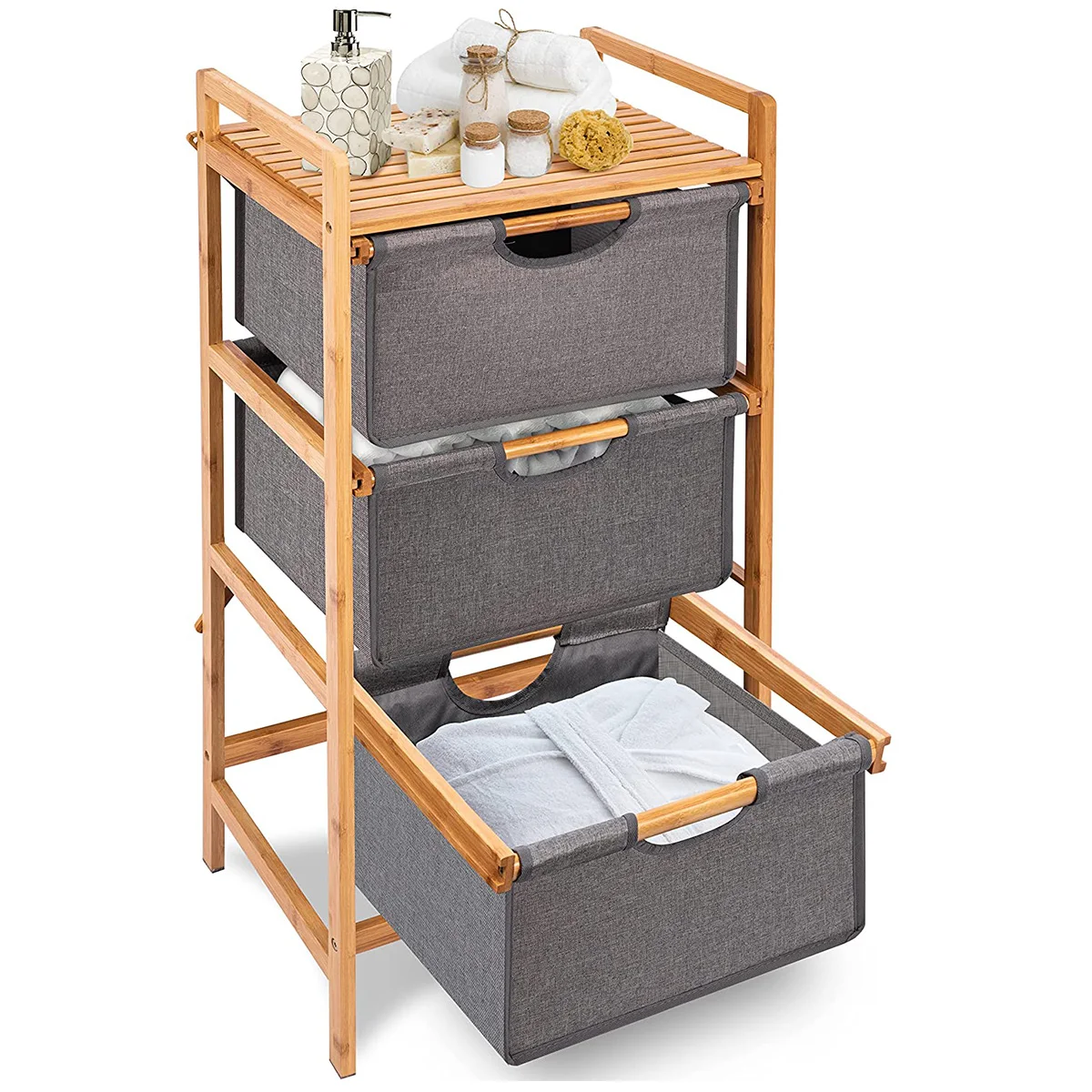 3 Section Compartment Sorter Freestanding Bamboo Bathroom Shelf Organizer Pull Out Hamper Drawers Laundry Towel Cabinet Rack