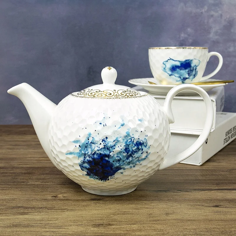 Wholesale 15pcs Shining golden bule color royal design white embossed body high quality Eco-Friendly tea sets for 6 person sets