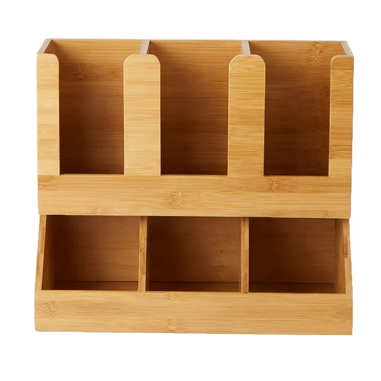 6 Compartments wooden table caddy condiment Bamboo Upright Coffee Breakroom Condiment and Cup Storage Organizer