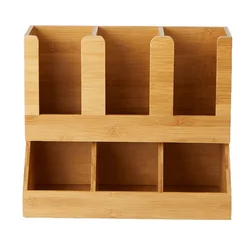 6 Compartments wooden table caddy condiment Bamboo Upright Coffee Breakroom Condiment and Cup Storage Organizer