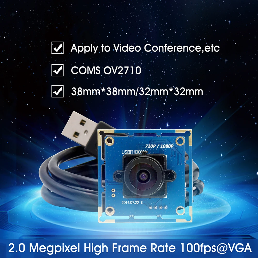 ELP 2MP 1080P USB Camera Module 100 Degree No Distortion Lens OV2710 Sensor USB2.0 Webcam Board