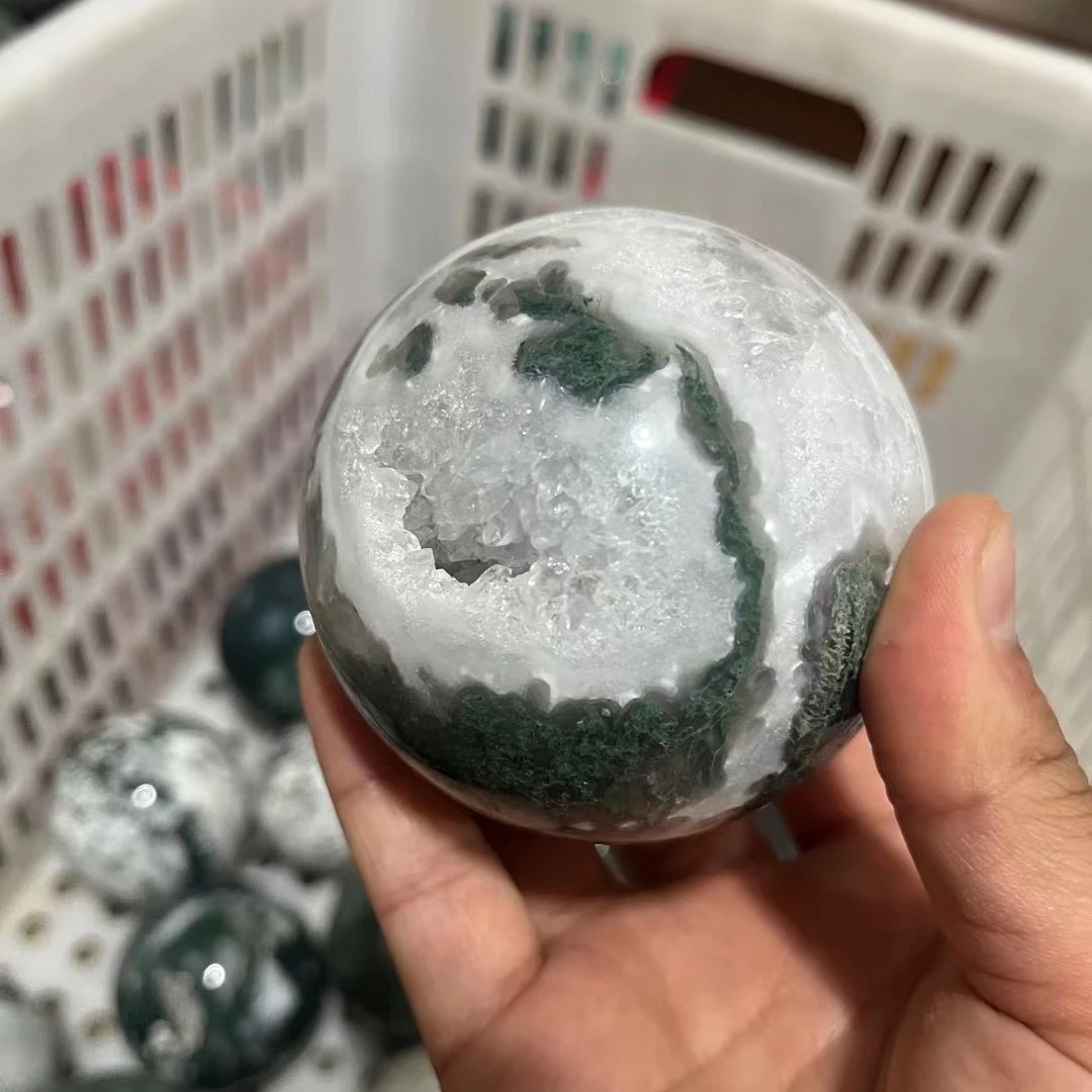 Moss Agate Sphere Druzy Agate Geode Sphere Healing Quartz Crystal Sphere for decoration