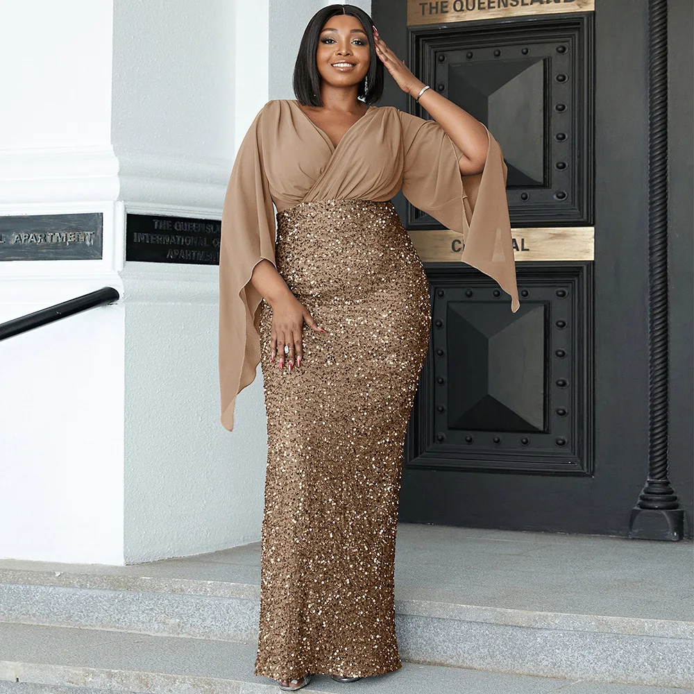 European and American Large Sexy Long Sequin V-neck Dress Long Sleeve Banquet Evening Dress Wedding Bridesmaid Dress for Women