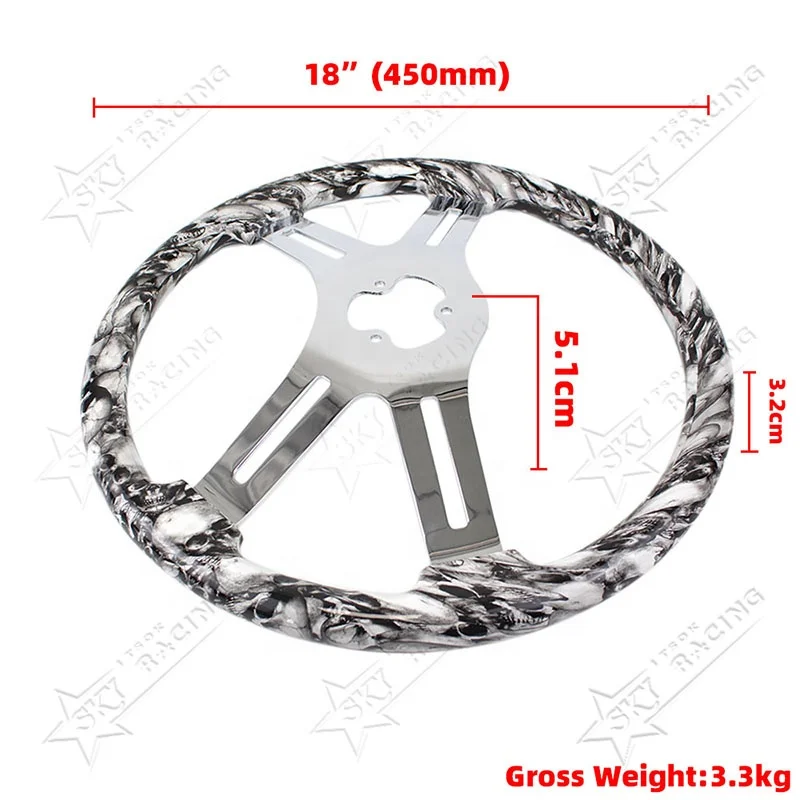18inch 450mm 4 Spokes Hydro-dip Finish Skull Pattern Semi Trailer Truck Wood Steering Wheel for Freightliner Kenworth Peterbilt