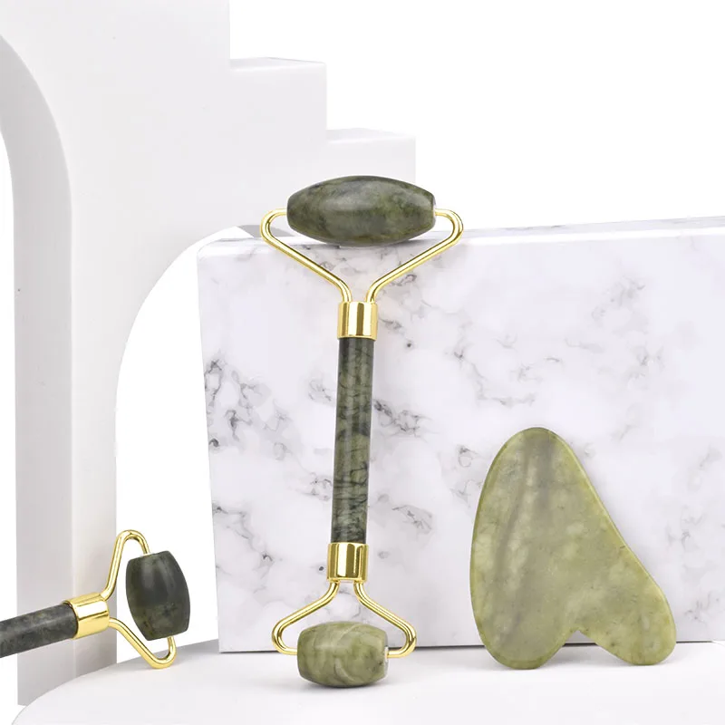 
3 In 1 Green Jade Roller And Guasha Board Set Jade Roller Dry Body Brush With Gift Box Face Lift Slimming Tools Set 