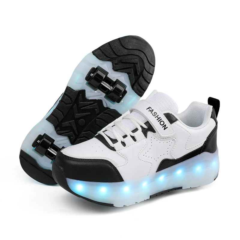 Outdoor Sports Children Led Charging Zapatos Con Light Up Flash Skate Roller Shoes With 4 Big Wheels Usb Rechargeable