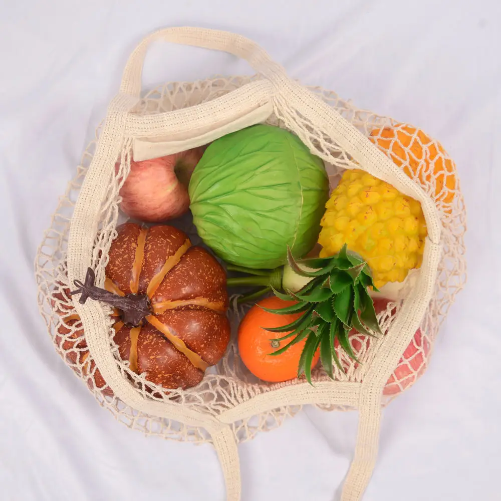 Produce Eco Biodegradabl Organic Cotton Mesh Basket  Reusable long handle  Mesh bag with logo Grocery Shopping Tote Mesh Net Bag