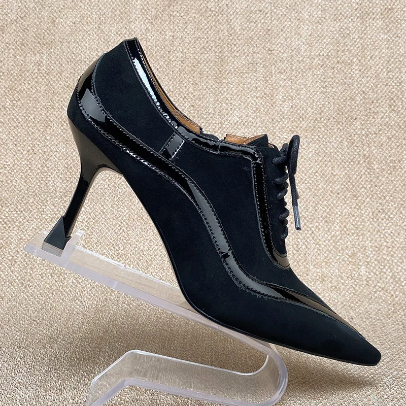 Factory Universe P024 Ladies Pumps Genuine Leather Square Heel Lace-up Kid Suede Pointed Toe Women High Heel Dress Shoes