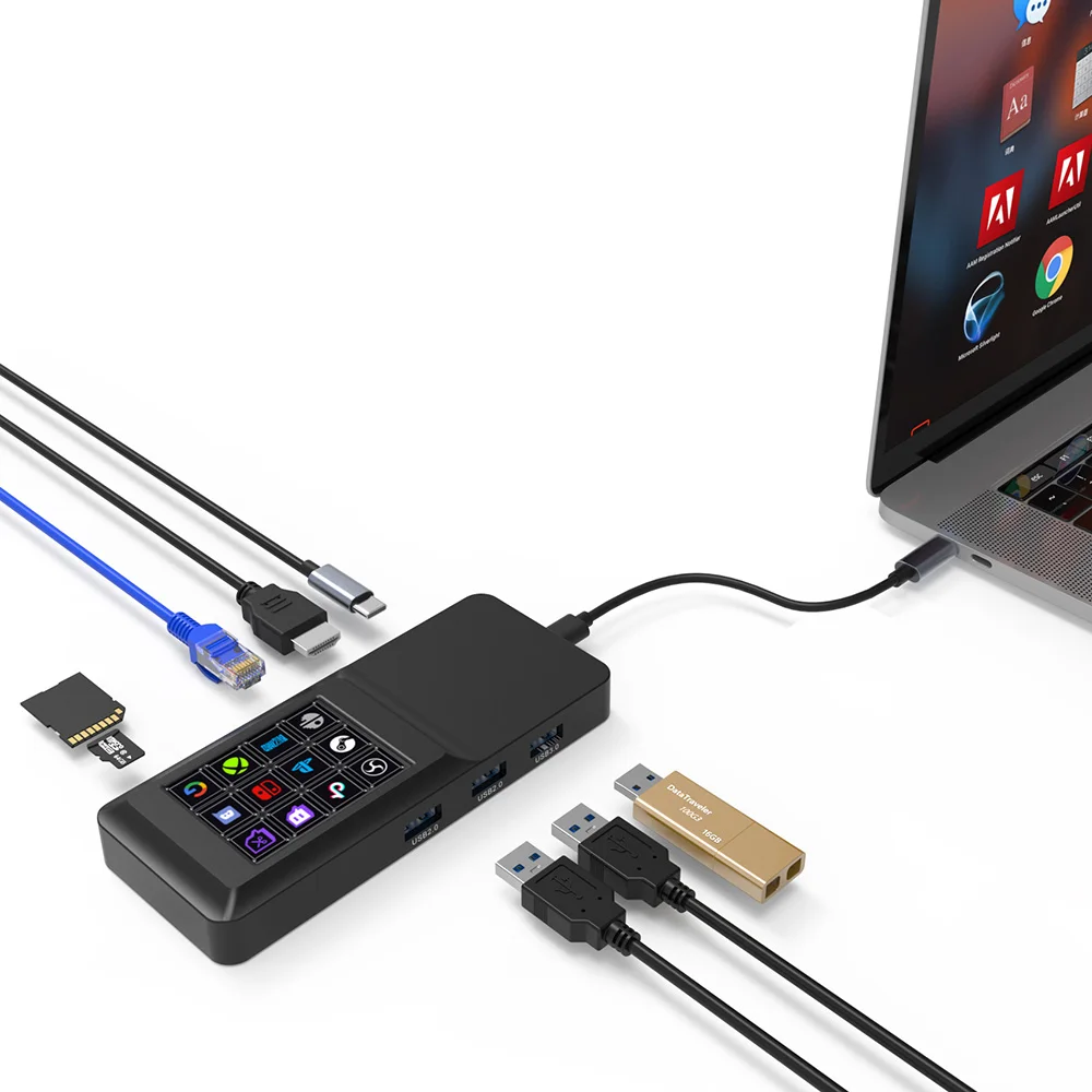 Mirabox 8-in-1 Multiport OTG Expander USB C Dock support 100W PD Charging for Mac& PC with 2.4' touch screen mini stream deck