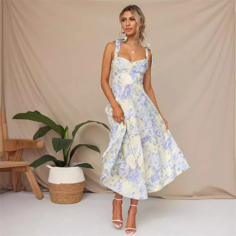 New arrival elegant casual slip dress back out maxi pretty floral dresses women flower clothing