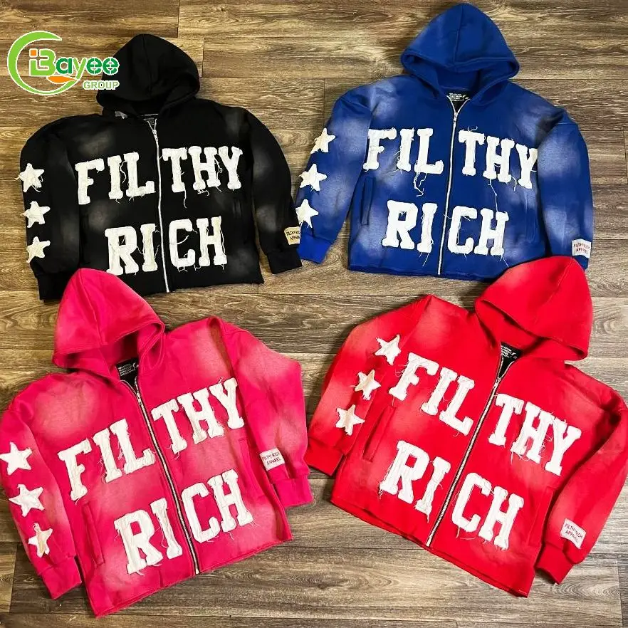 Custom Washed Distressed Hoodies Sun Faded Cut And Sew Zipup Hoodie Cropped Acid Wash Zip Up Embroidery Hoodie