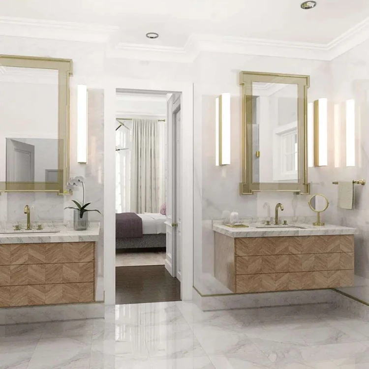 Natural Marble Wall Mounted Bathroom Vanity with LED Backlit Mirrored Cabinets