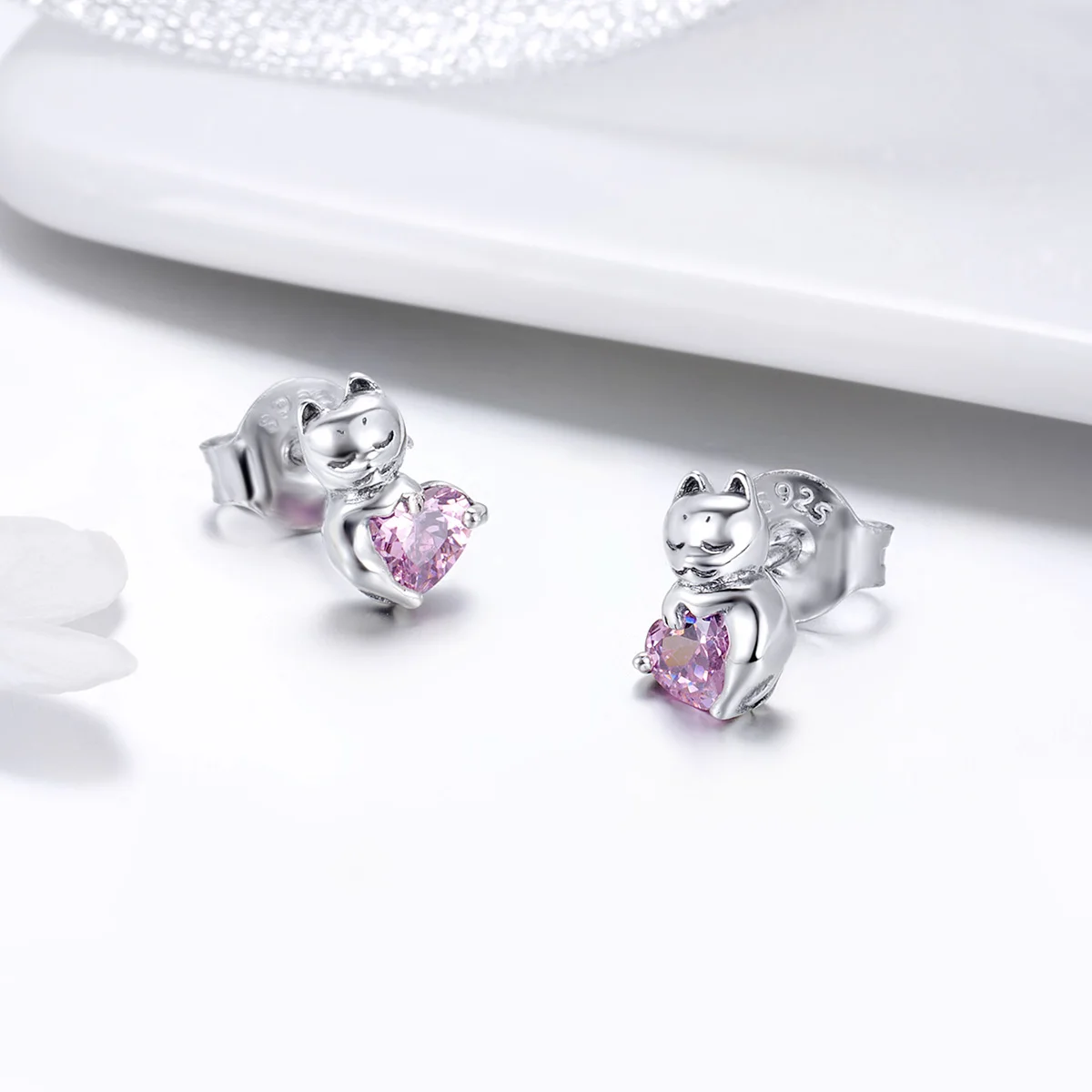 Factory 925 Sterling Silver Cat Pussy Pink Cubic Zircon Small Stud Earrings for Women Fashion Silver Jewelry Gift SCE453