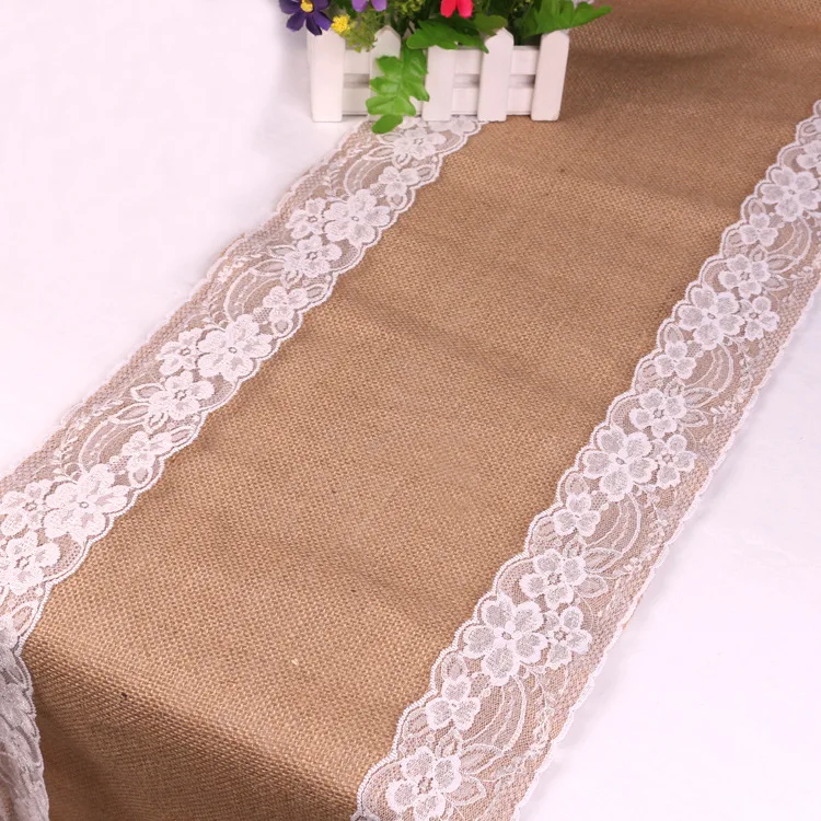 Linen Rustic Woven Jute Table Runner Natural Lace Burlap Table Runner for Wedding Party Table Decor