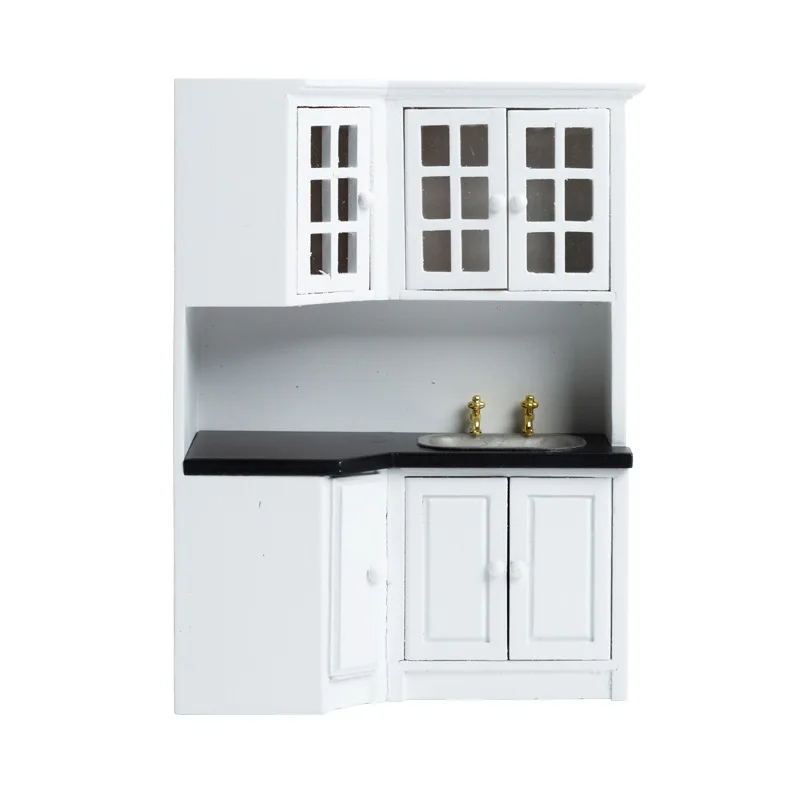 Mini Dollhouse Wooden Wash Basin Cabinet Miniature Furniture Realistic Kitchen Sink for Doll House Bathroom Kitchen Decor
