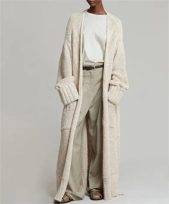 2024 Knitwear Supplier Custom Made Winter Women Cotton Belt Chunky Knitted Long Cardigan Sweater With Pocket