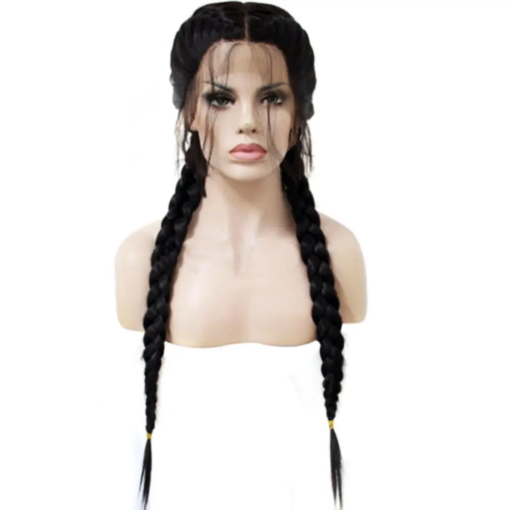 Ladies Fashion Black Double Ponytail Braid Front Lace Braided Wigs Chemical Fiber Headgear Plait Women Wig