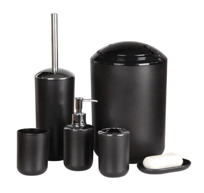  Amazon Hot sale 6 Pcs Piece BLACK Plastic Gift Black Bathroom Accessory Sets with Toothbrush Holder Cup Toilet