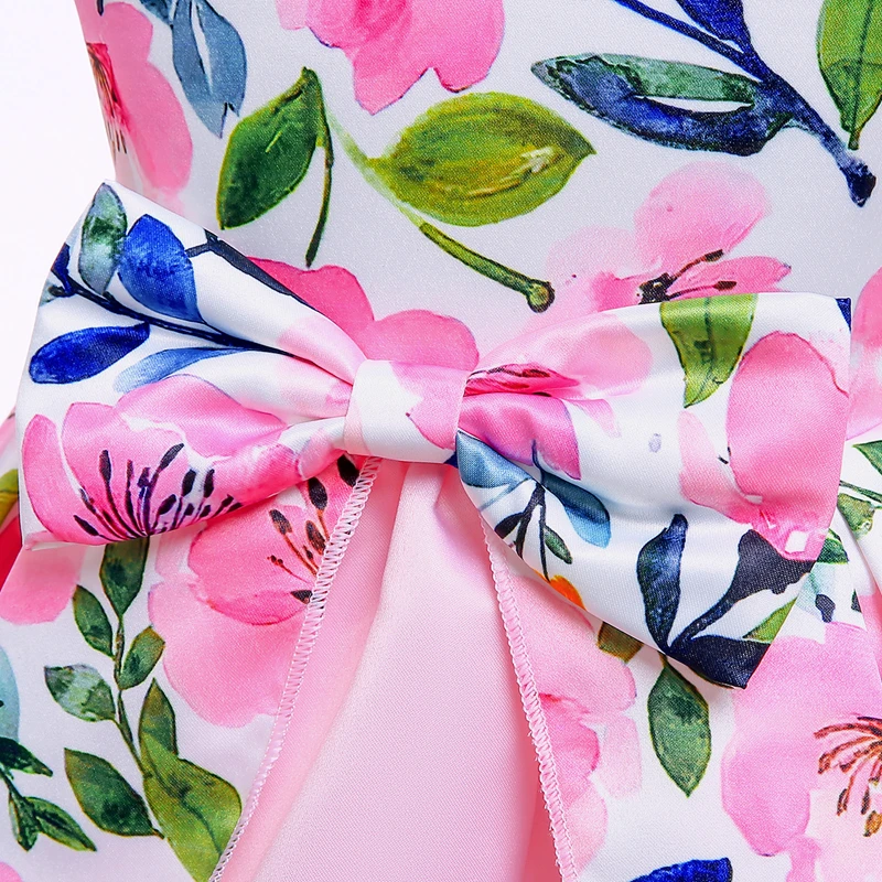 Latest Summer Children Floral Printed Formal Ball Gown Fly Sleeve Girl Princess Bow Clothes for Kids Girls Dresses