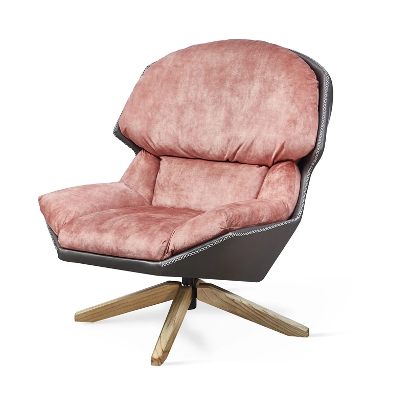Luxury Leisure Modern Wood Leg Living Room Accent Pink Reception Revolving Leather Fabric Lounge Chair