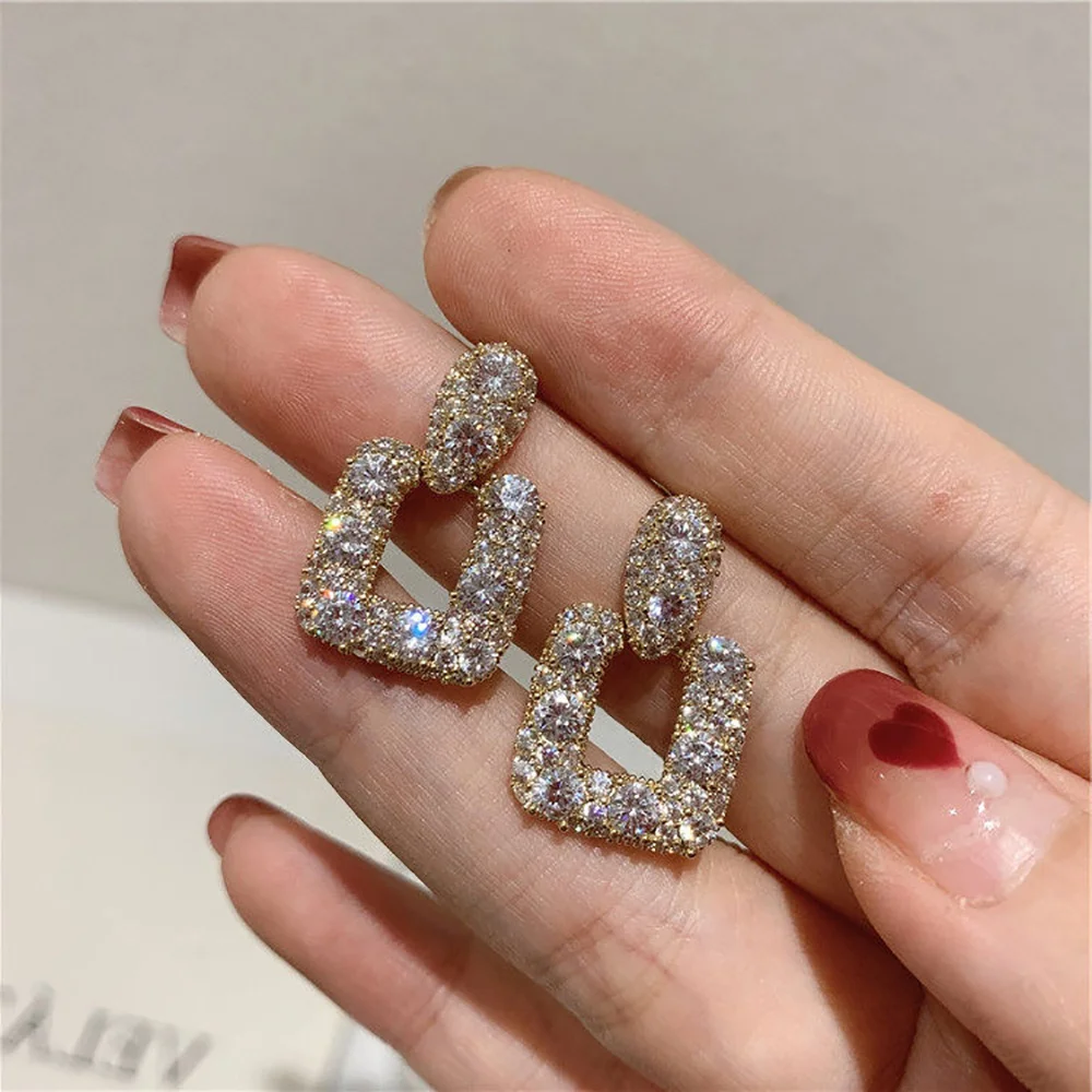 French vintage full diamond 925 sterling silver real gold plated square micro inlay shiny zircon stud earrings for women jewelry