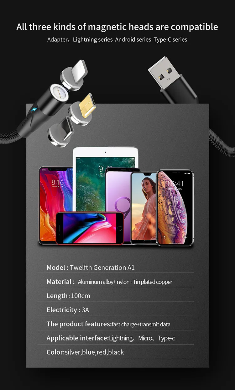 Manufacturer Best Selling 2.4A 3 In 1 Usb Magnetic Fast Charging  Cable Usb To C Micro Lightning