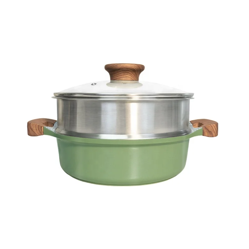 Aluminum Binaural Pots And Pans Kitchen Cooking Pot Set Cookware Maifanshi Stone Coated With Steamer And Glass Lid.