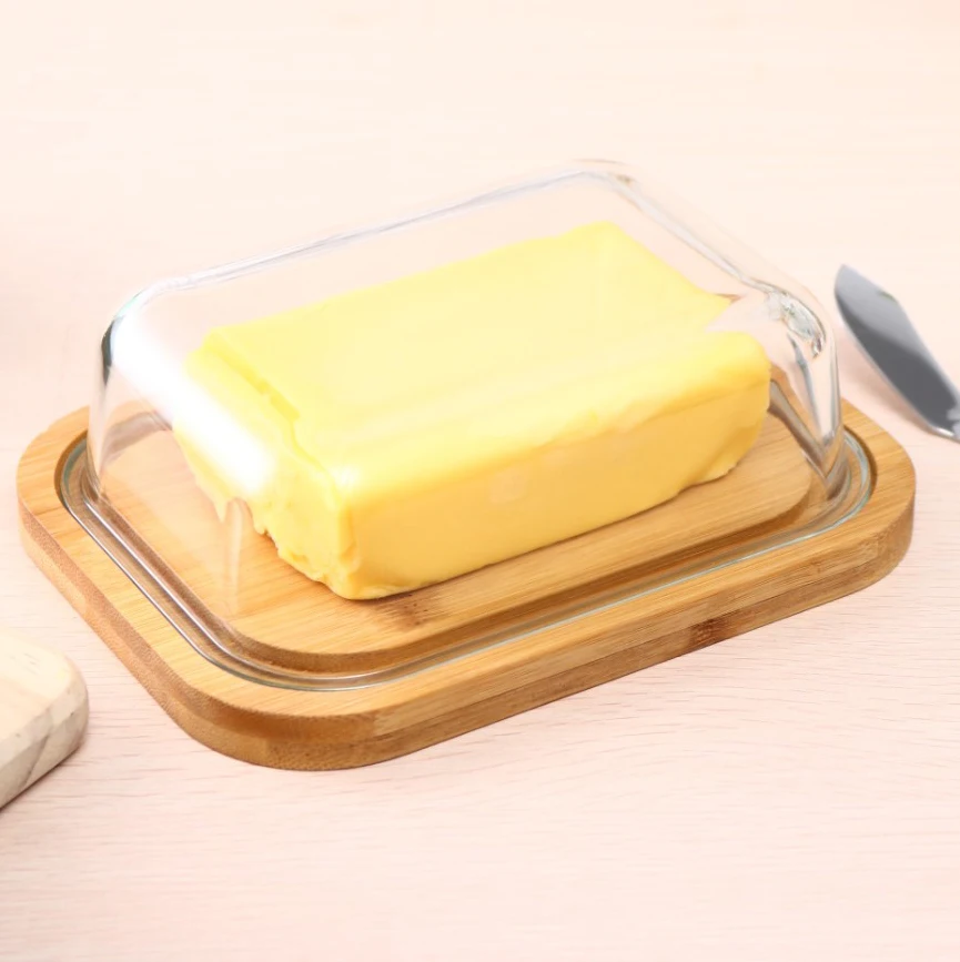Customised logo large size high borosilicate clear glass cheese butter dish with bamboo cover lid