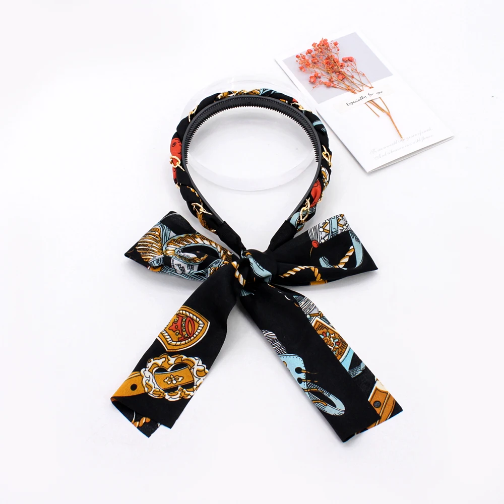 IFOND Vintage Metal Chain Hairbands Satin Fabric Printed Bowknot Ribbon Headbands Fpr Women Makeup