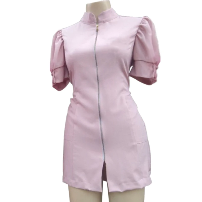 wholesale pink beauty salon uniform woman Chinese neck spa mujer skirt for ladies doctor drafted nurse dress with zipper pattern