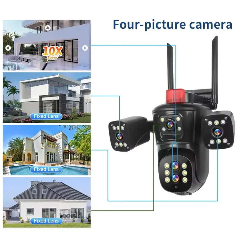 HD Smart Home Outdoor Wireless Camera 10X Optical Zoom 5 Lens Four Screen PTZ Micro SD Card Data Storage Video Surveillance Wifi