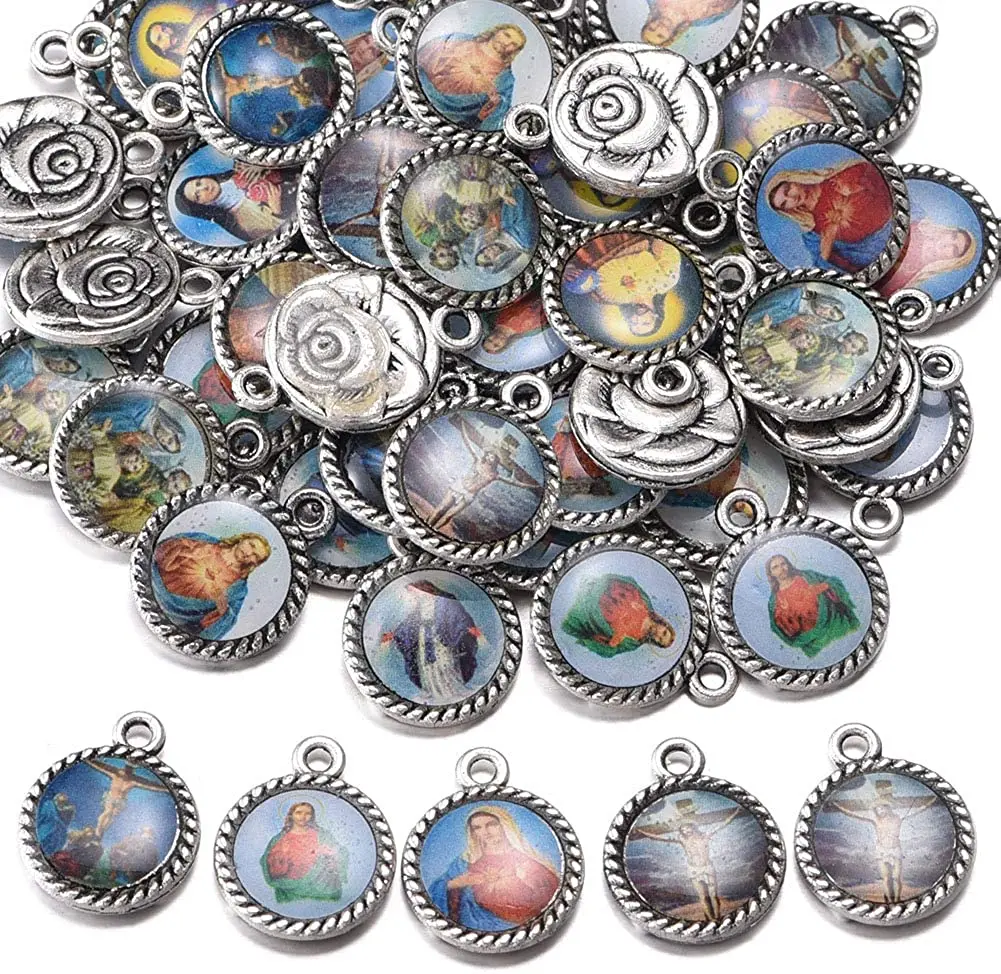 100pcs Mix Picture Round Enamel Our Lady Miraculous Medal Floral Rosary Centerpiece Jesus Virgin Mary Catholic Alloy 16mmx13mm