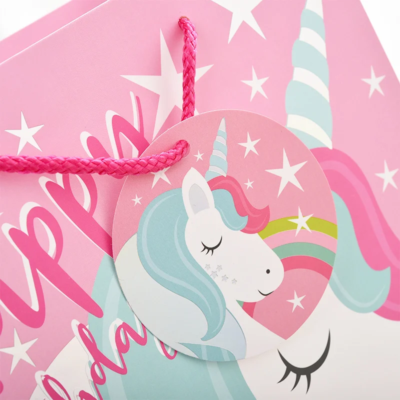 FSC Customizable wholesale unicorn printed eco friendly craft packaging bronzing white card tote paper happy birthday gift bag
