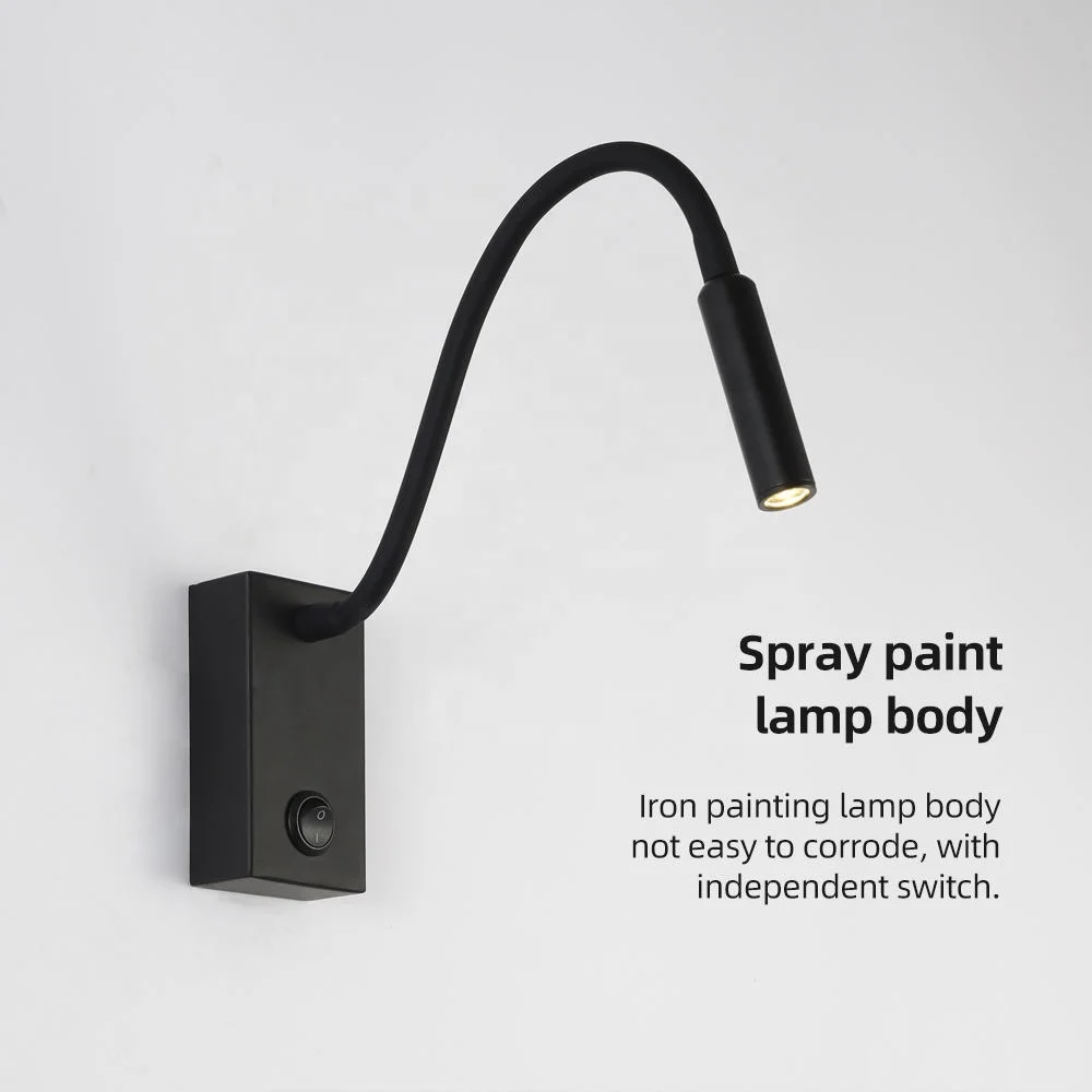 Keehome  3w Modern Hose Wall Lamp Hotel Room Bedside Flexible Led Reading Lamp Wall Mounted