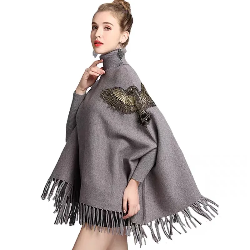 Turtleneck Women Beading Tassel Long Cloak Pull Cape Sweater Knitted Poncho Pullover Shawls