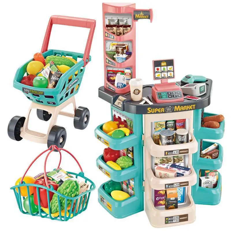 Kids Plastic Pretend Play Toys Set Supermarket Cash Register Toy Shopping Cart
