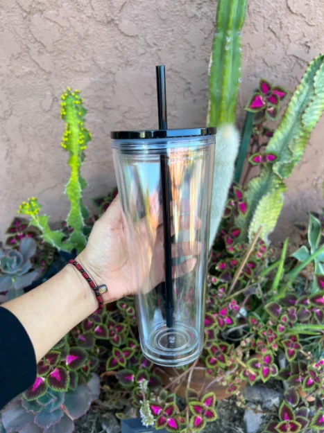 16oz 24oz Wholesale Double Wall Clear insulated  Acrylic plastic Tumblers  with Lid and Straw Large Classic Travel Tumbler