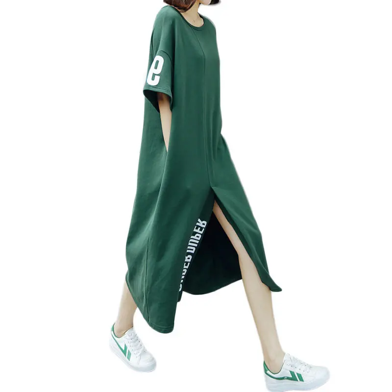 Wholesale European Large Oversized Sexy Slit Cotton Long Summer Dress Fashion Women Clothing Letter Printed Midi T Shirt Dresses
