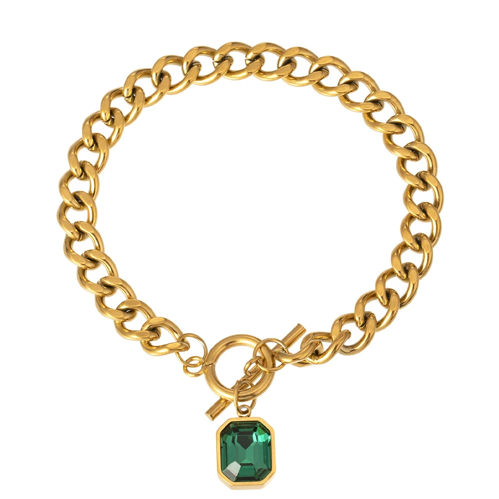Simple Jewelry Ornament Green Zircon Pendants Bracelet Gemstone Gold Plated Cuban Chain Bracelet