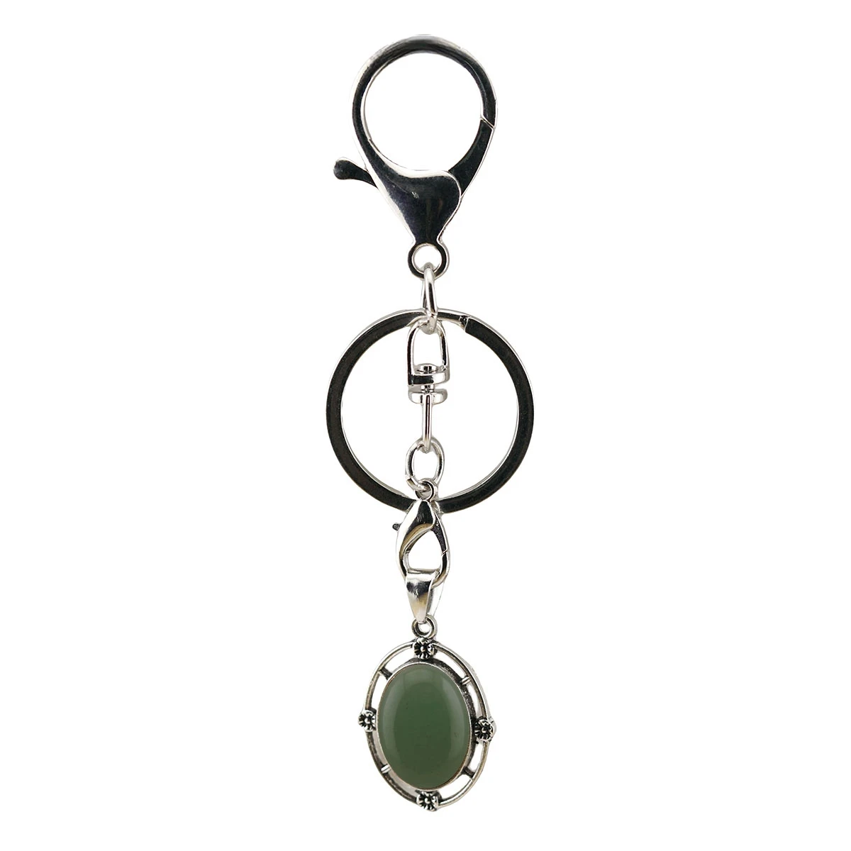 Hot Selling Luxury Natural Smooth Oval Cabochon Gemstone Pendant Keychain Metal Flowers Charm Keychains