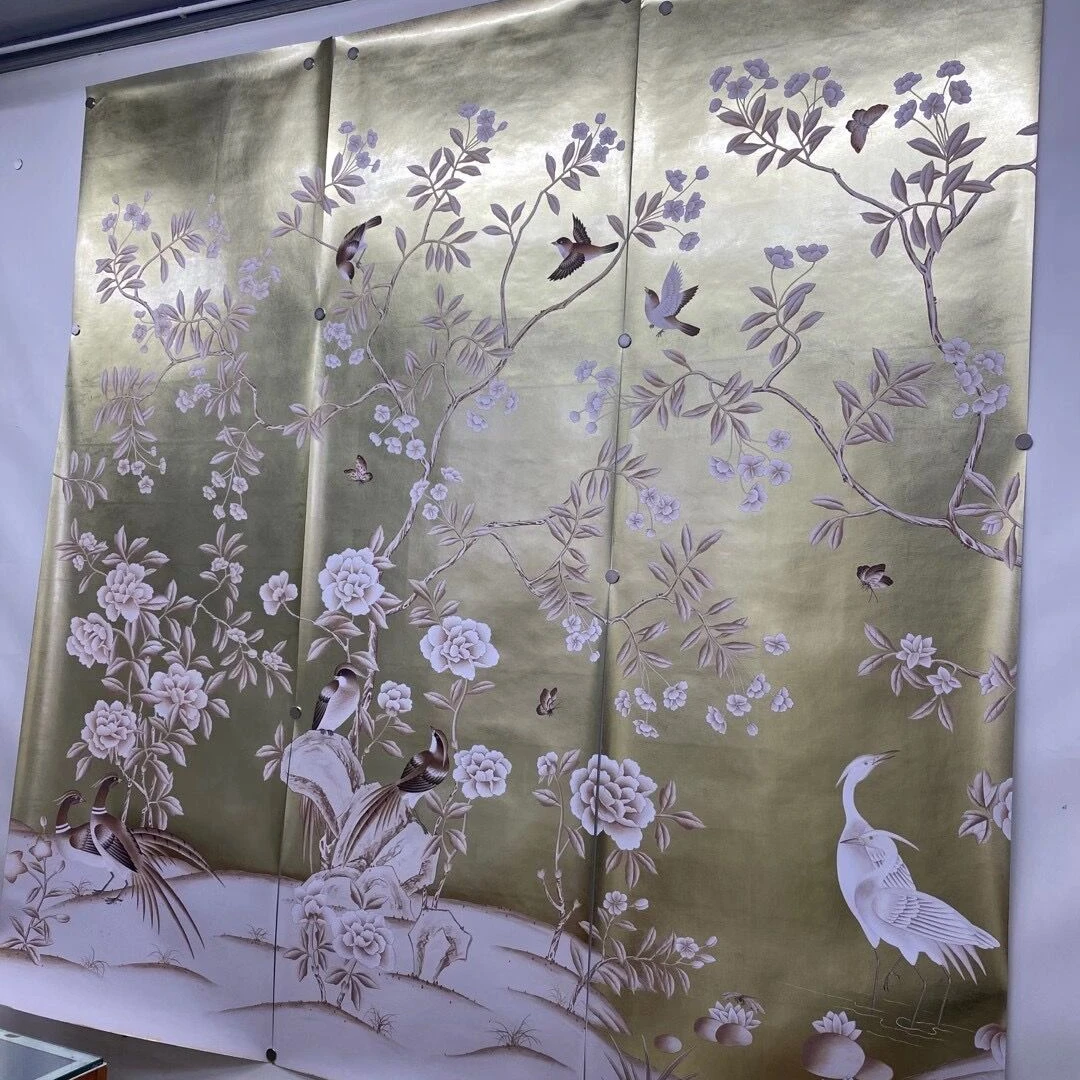 high quality wall panel hand painted on gold foil chinoiserie wallpaper for house decoration interior