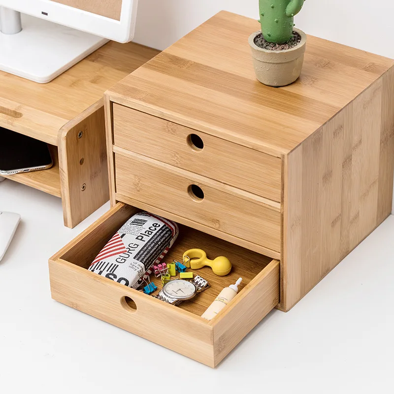 Desktop storage box bamboo wood home office drawer type desk arrangement cabinet medicine box storage rack to save space