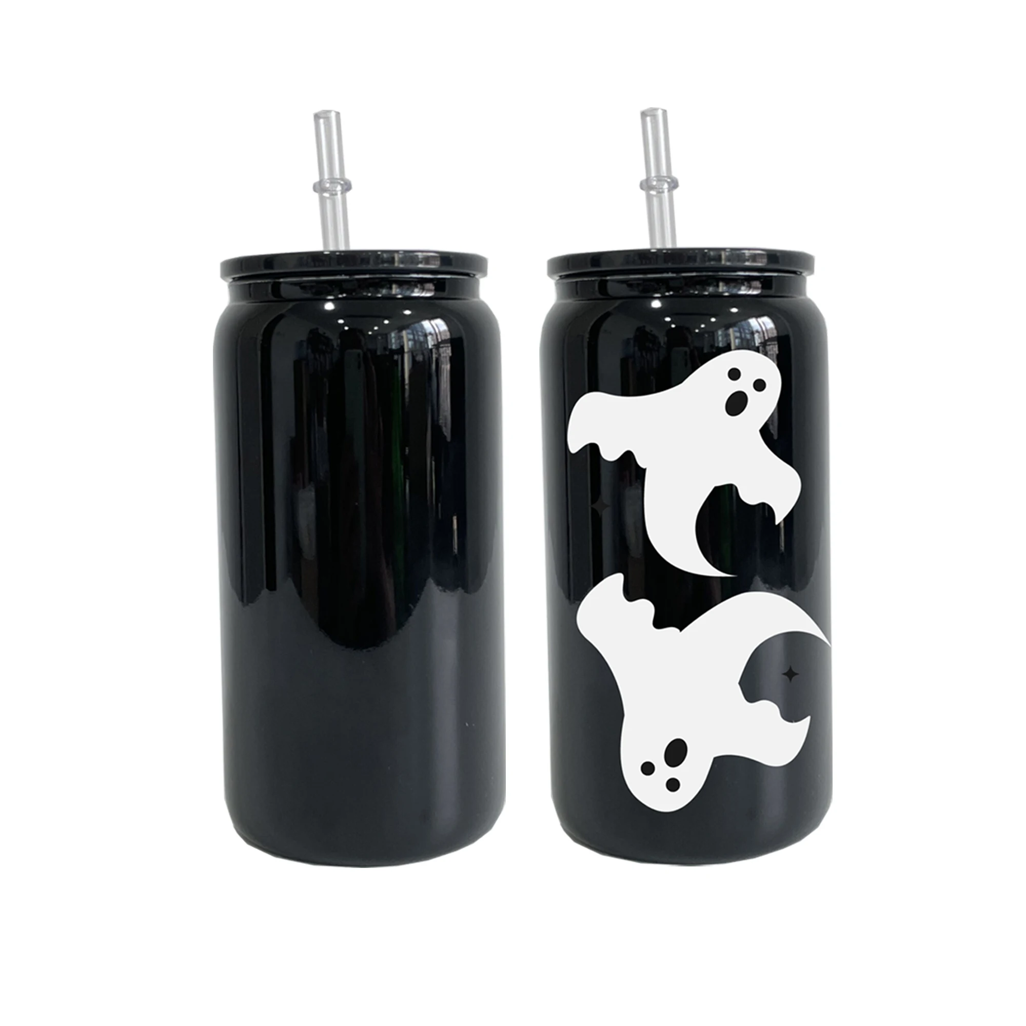 Wholesale bulk black glass can 16oz beer glasses Recyclable Borosilicate black 16oz beer can with clear plastic straw for vinyl